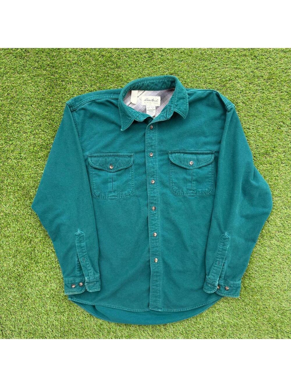 Vintage Eddie Bauer Chamois Shirt Mens M Green Button Up Heavyweight Flannel 90s
